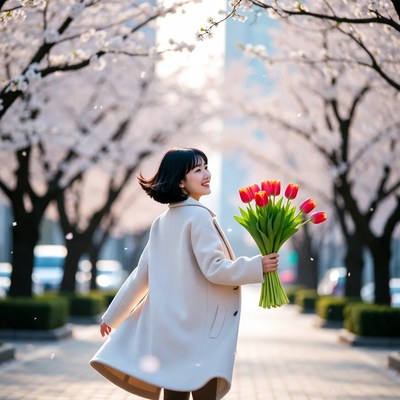 Woman with flowers in spring park