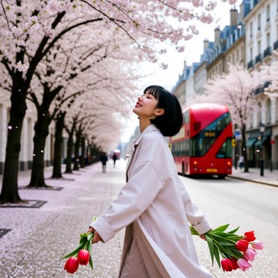 Woman walking with flowers in spring streets