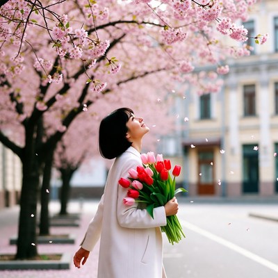 Woman with flowers in cherry blossom street