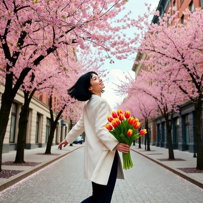 Walking through cherry blossoms in spring