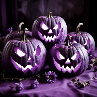Purple pumpkins carved for halloween fun