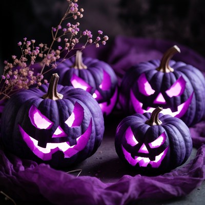 Halloween pumpkins with purple glow