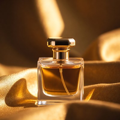 Bottled fragrance on golden fabric