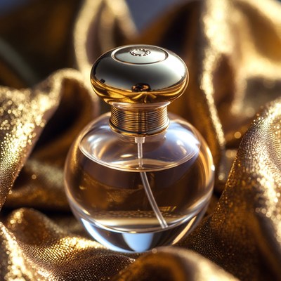 Bottle of perfume on golden fabric