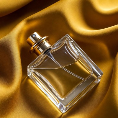 Glass bottle placed on golden fabric