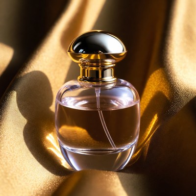 Perfume bottle on golden fabric