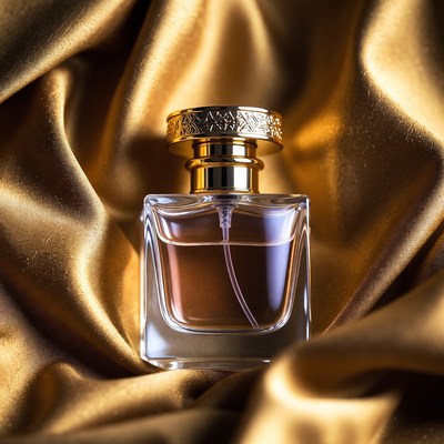 Luxury perfume bottle on golden fabric