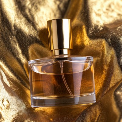 Clear glass perfume bottle on gold fabric