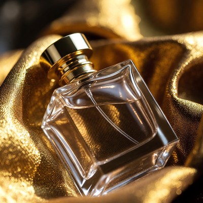 Clear glass bottle on gold fabric