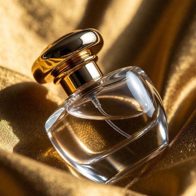 Clear perfume bottle on gold fabric