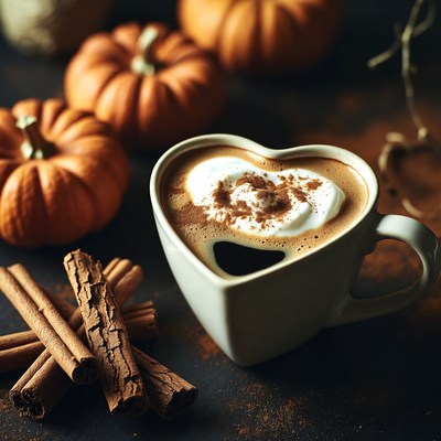 Heart-shaped hot chocolate with pumpkins
