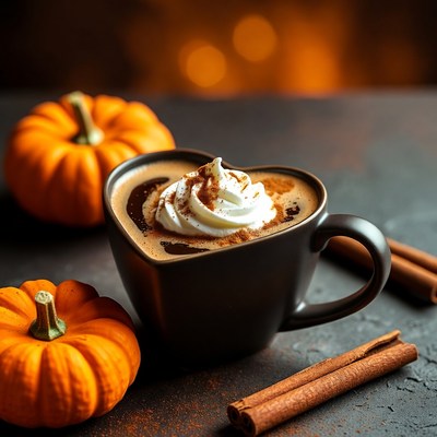 Heart shaped cup with pumpkin drink and cinnamon