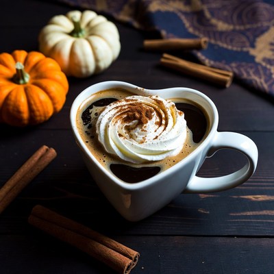 Heart shaped coffee with pumpkins and spices