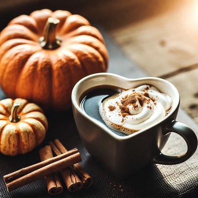 Heart-shaped mug with pumpkin drink