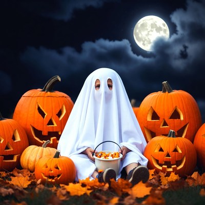 Child dressed as ghost for halloween