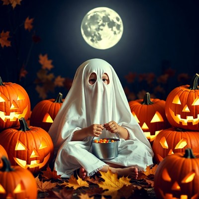 Child dressed as ghost for halloween celebration