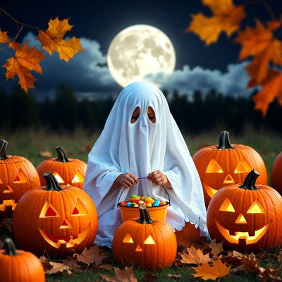 Ghost collects candy on halloween night
