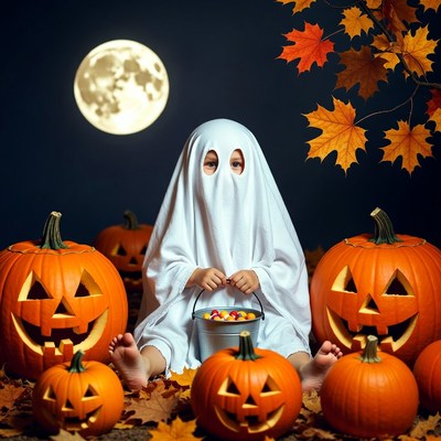 Child in ghost costume with pumpkins