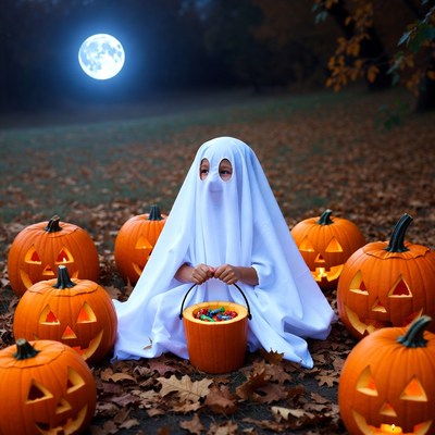 Child in ghost costume with pumpkins