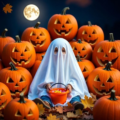 Child in ghost costume with pumpkins
