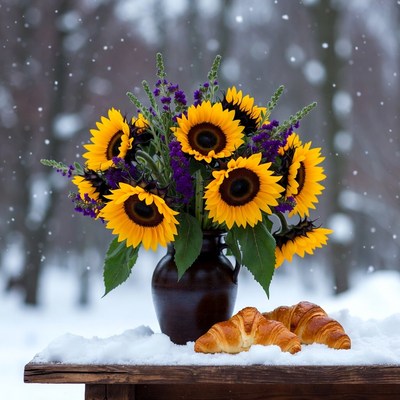 Sunflowers and croissants in snow
