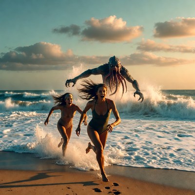 Two women run from monster at the beach