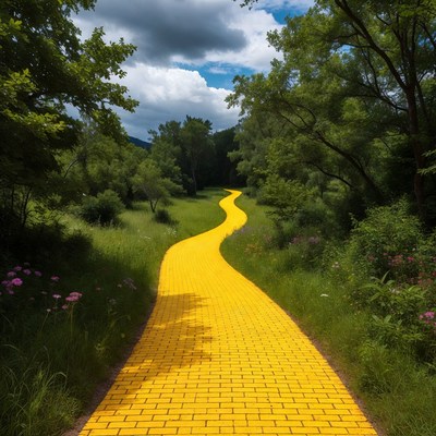 Yellow path through green forest scene