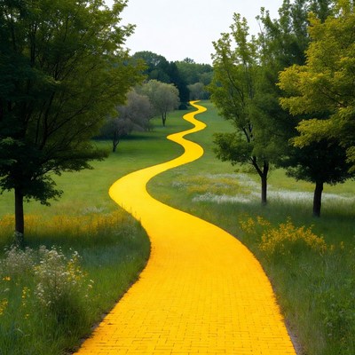 Winding yellow path through trees