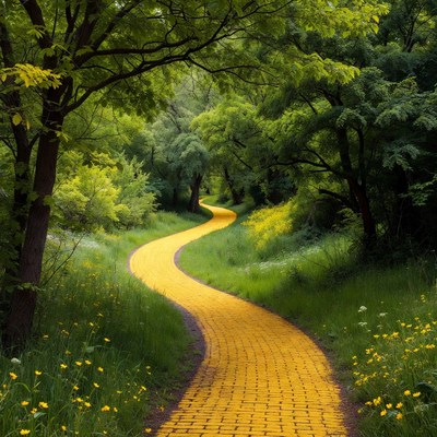 Winding yellow path through green forest