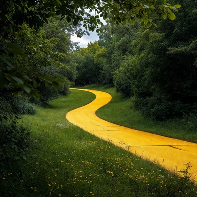 Bright yellow path in green forest