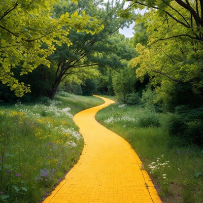 Yellow brick path through green trees