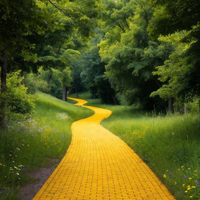 Yellow path through green trees and grass