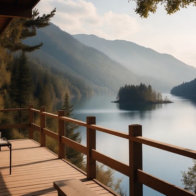 View of lake and mountains from a cabin