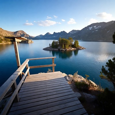 View from a wooden deck by a lake