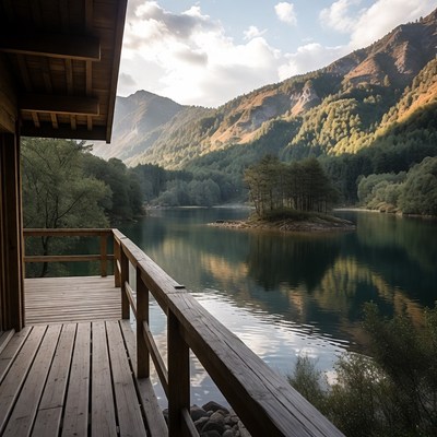 Scenic view from wooden deck by lake
