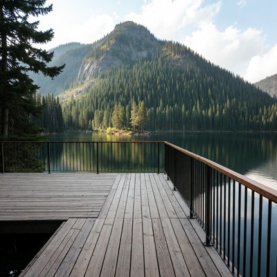 View of mountain and lake from deck