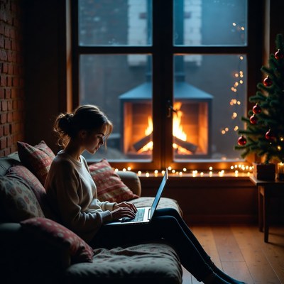 Working by the fireplace on a cold evening