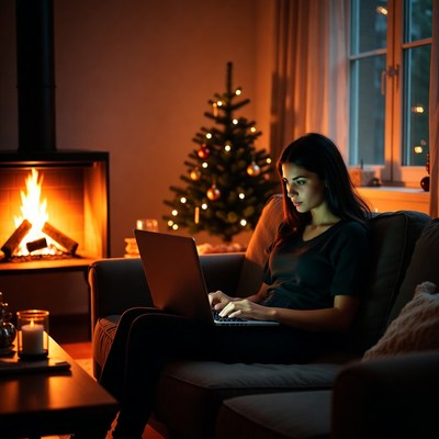 Woman working on laptop by fire