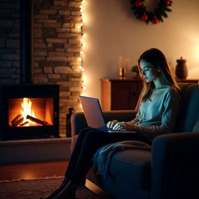 Working by the fire at night
