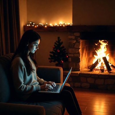 Woman working on laptop by fireplace