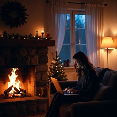 Cozy night with a laptop and fire