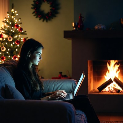 Woman using laptop by fire