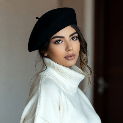 Woman in black beret with turtleneck