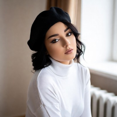 Woman in beret near window