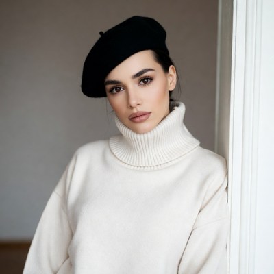 Model wearing beret indoors with turtleneck
