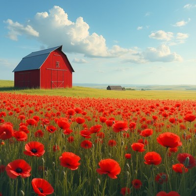 Red barn surrounded by poppy field
