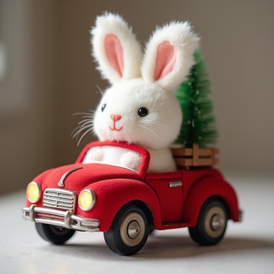 Toy bunny rides in red car