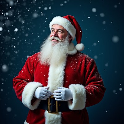 Santa standing under falling snowflakes