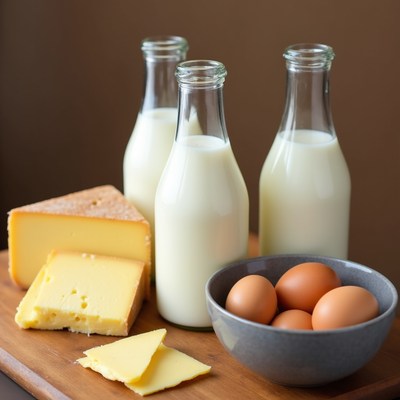 Dairy and eggs on wooden board