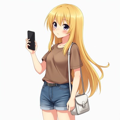 Young girl holding smartphone in casual outfit